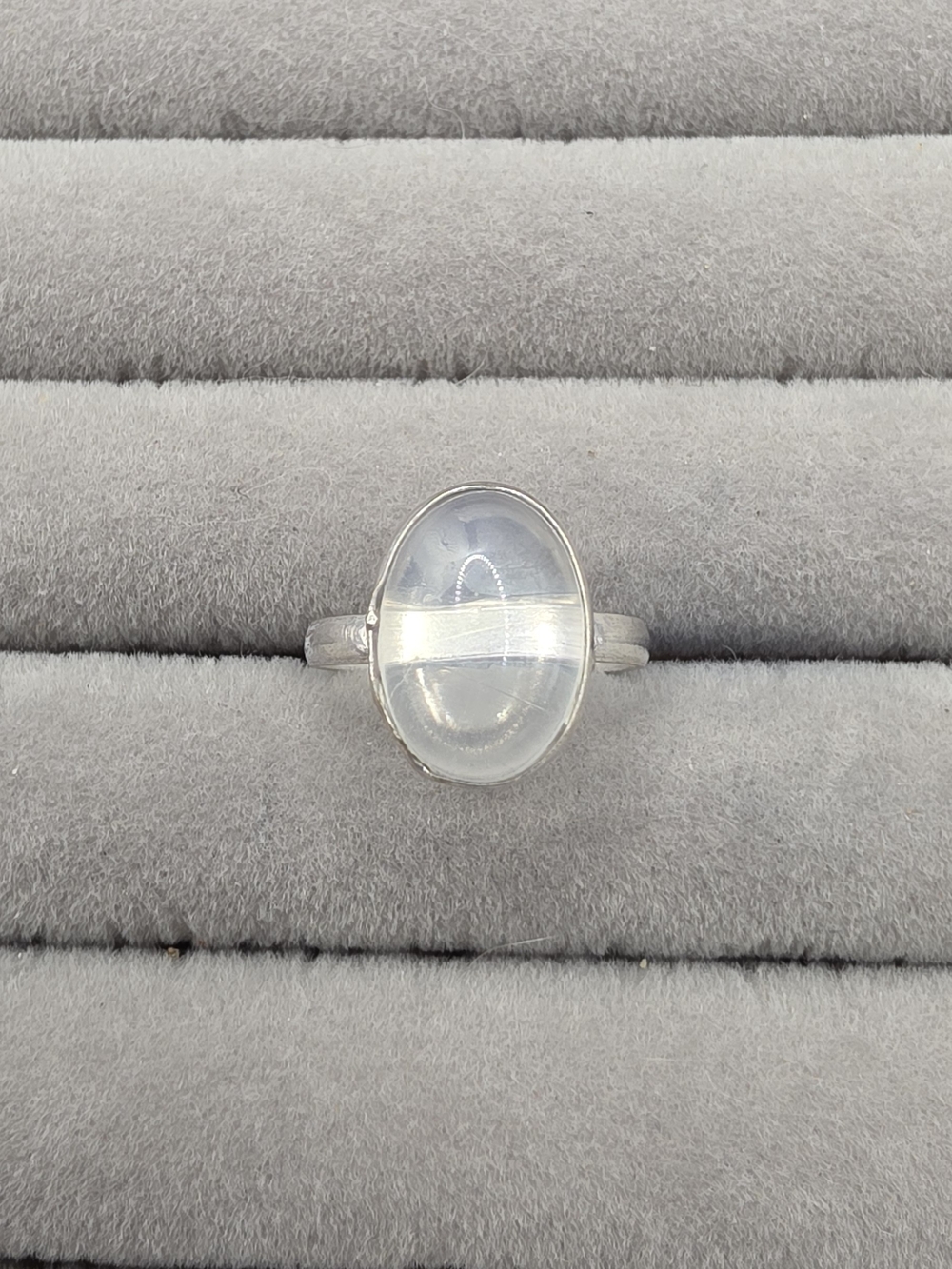 Silver Plated Moonstone Oval Ring Size 8 - Clear/White